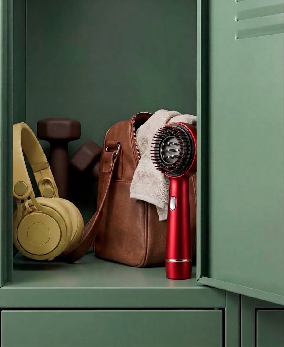 ScalpWave Pro rojo en una taquilla, junto a una bolsa de deporte